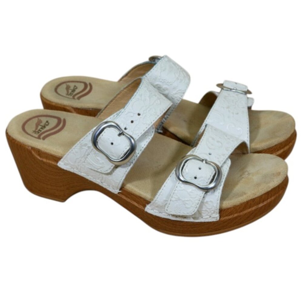 Dansko‎ Sophie White Tooled Floral Leather Chunky Block Sandals Size 10.5 - 11